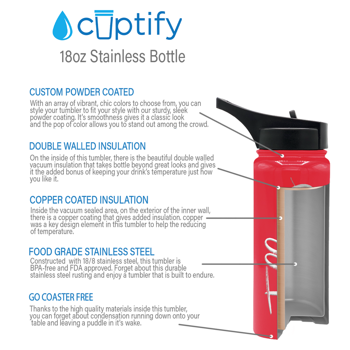 Cuptify Personalized Laser Engraved on Red Gloss 18 oz Bottle