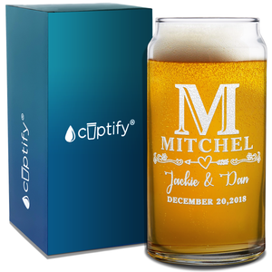 Personalized Monogram with Date Etched 20 oz Glass Can