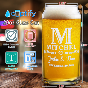 Personalized Monogram with Date Etched 20 oz Glass Can
