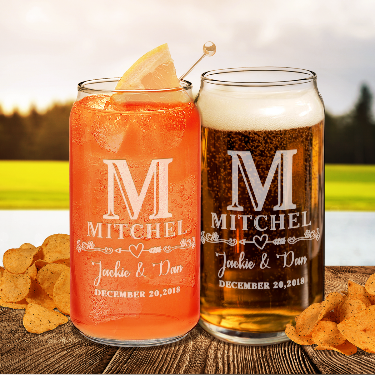 Personalized Monogram with Date Etched 20 oz Glass Can