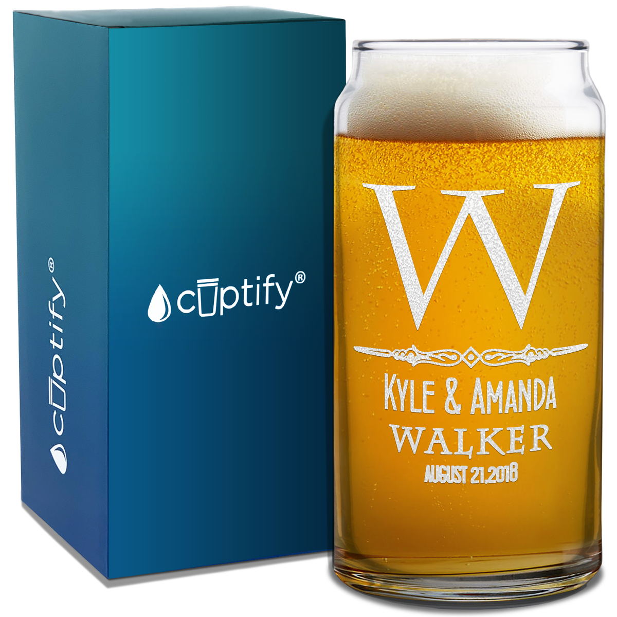 Personalized Classic Monogram Initial Date Etched 20 oz Glass Can