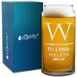 Personalized Classic Monogram Initial Date Etched 20 oz Glass Can
