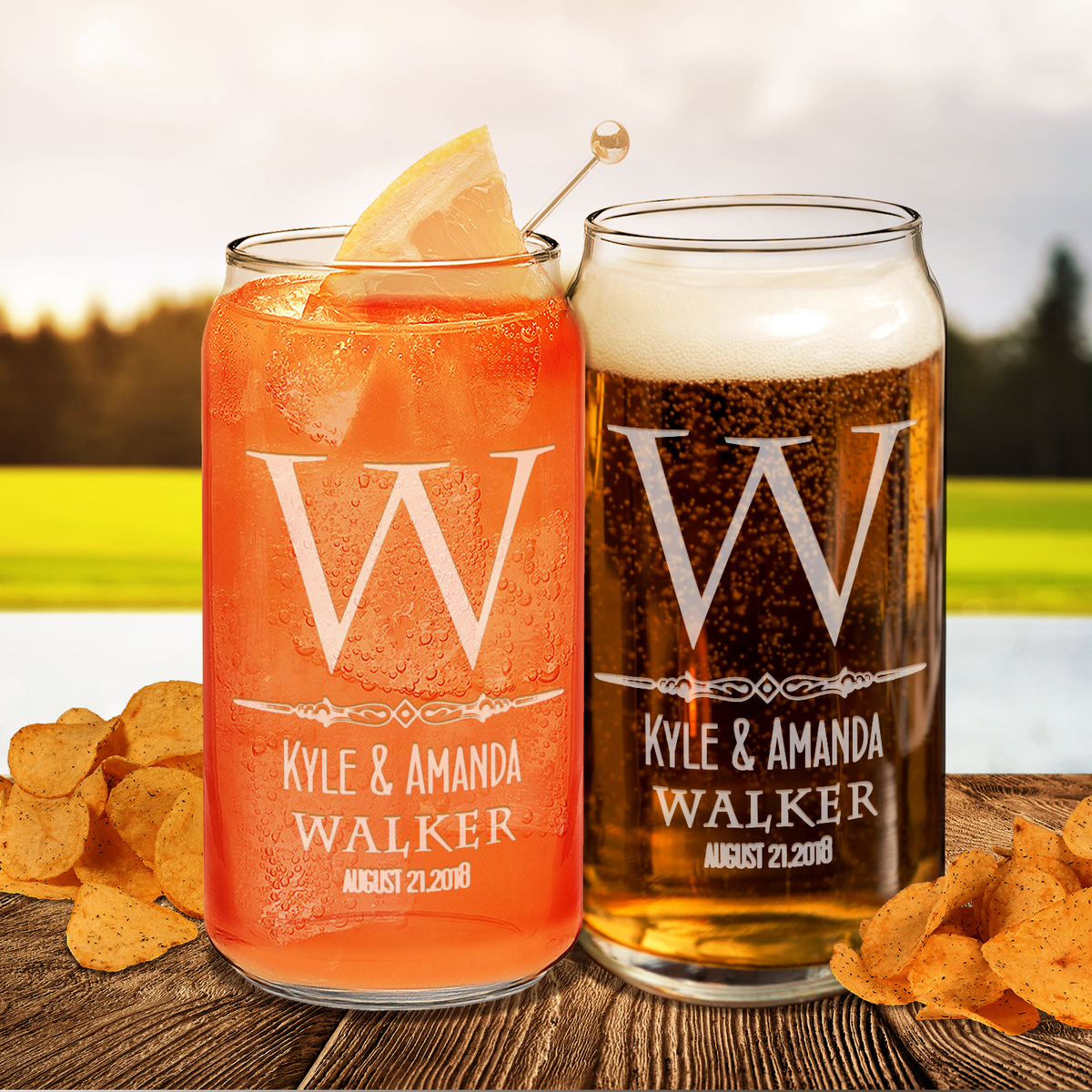 Personalized Classic Monogram Initial Date Etched 20 oz Glass Can