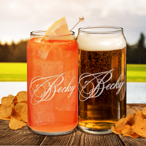 Personalized Decorative Script Etched 20 oz Glass Can