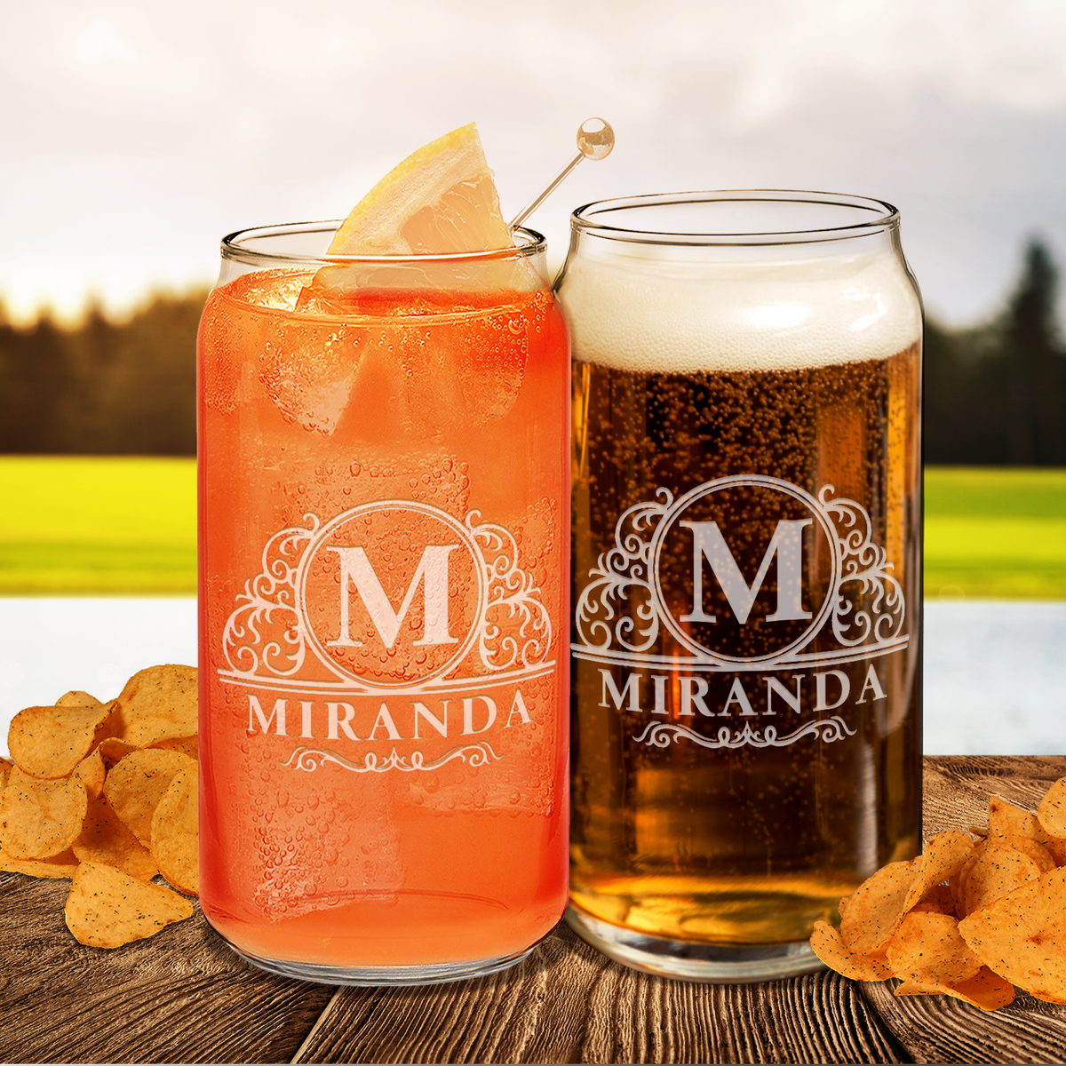 Personalized Elaborate Circle Monogram 20oz Glass Can