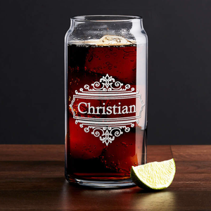 Personalized Crest Border Etched 20 oz Glass Can