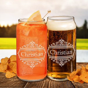 Personalized Crest Border Etched 20 oz Glass Can
