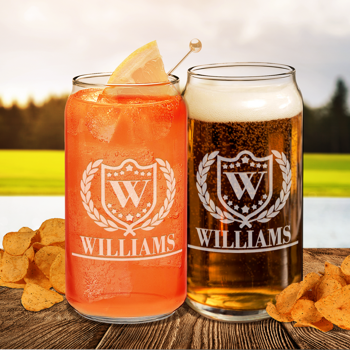 Personalized Monogram with Laurels Etched 20 oz Glass Can