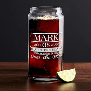 Personalized Name Year and Age Classic Happy Birthday Over The Hill Etched 20 oz Glass Can