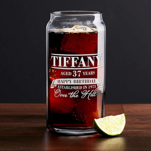 Personalized Year and Age Happy Birthday Over The Hill Etched 20 oz Glass Can
