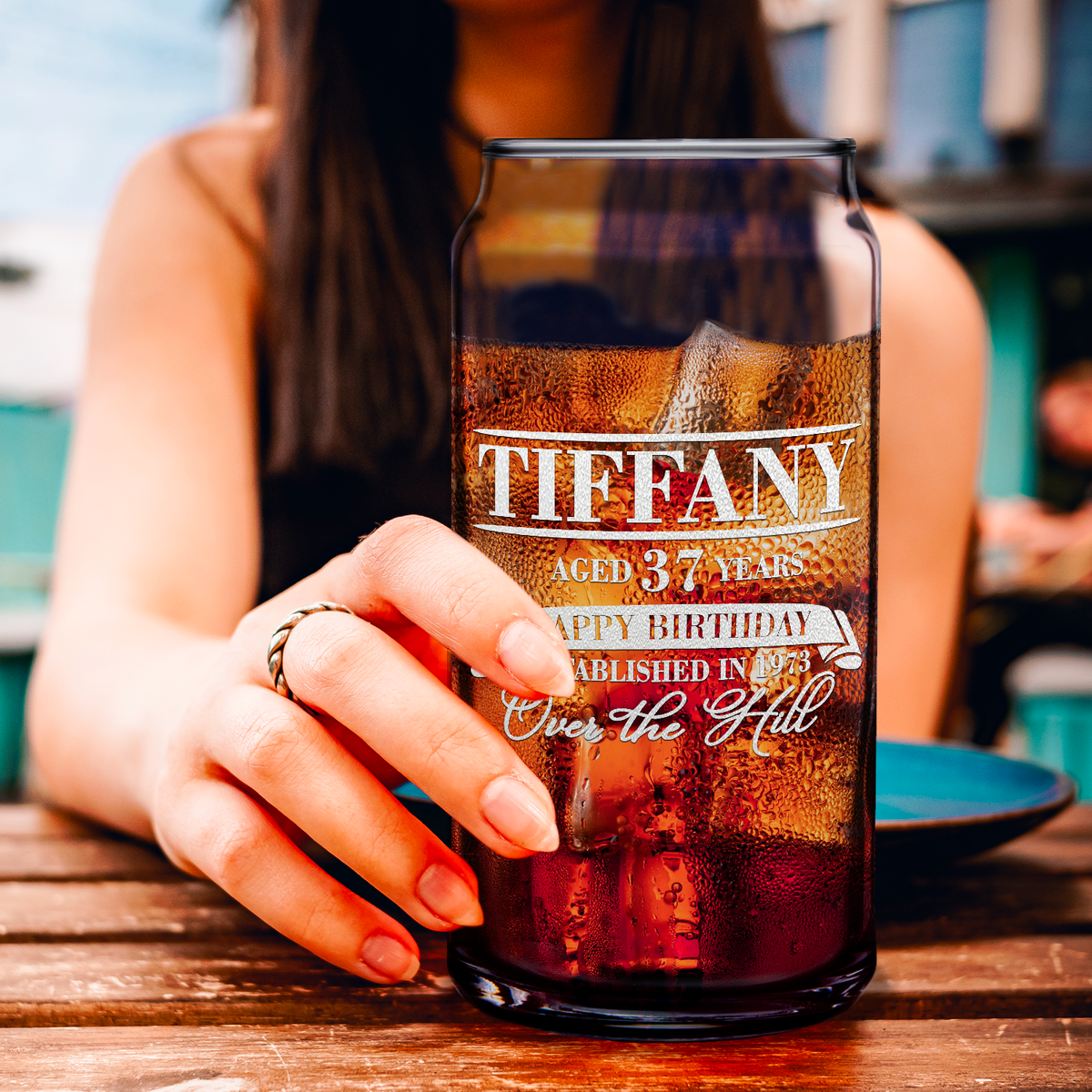 Personalized Year and Age Happy Birthday Over The Hill Etched 20 oz Glass Can