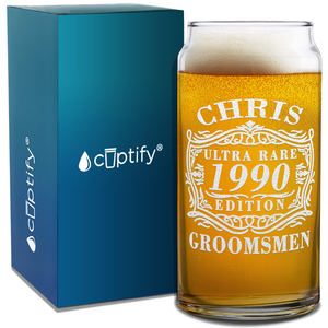 Personalized Ultra Rare Edition Groomsmen Etched 20 oz Glass Can