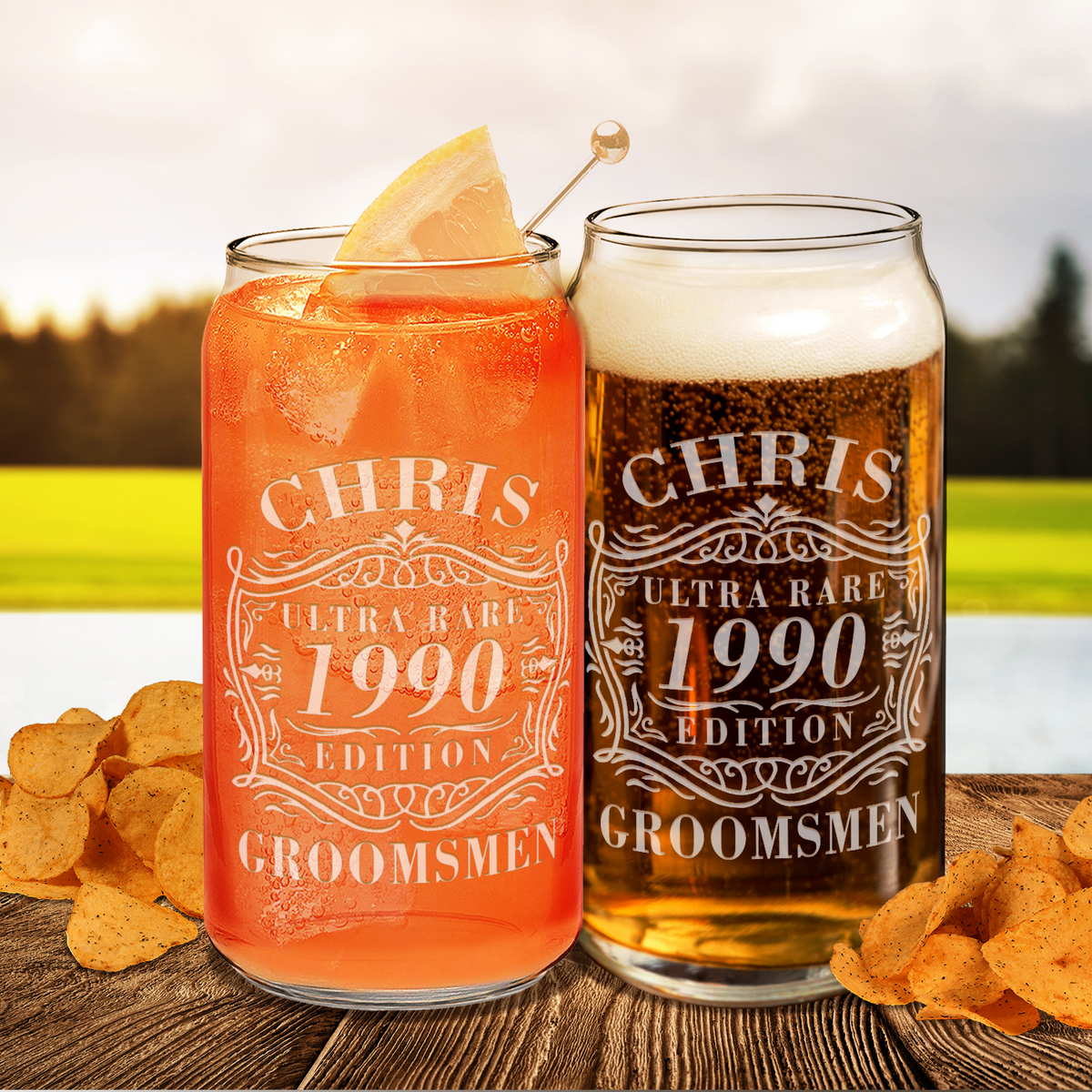 Personalized Ultra Rare Edition Groomsmen Etched 20 oz Glass Can