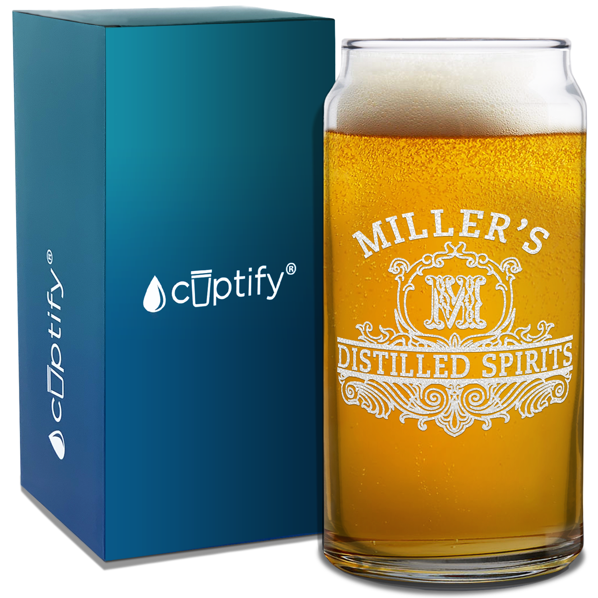 Personalized Distilled Spirits Surname and Initial Etched 20 oz Glass Can