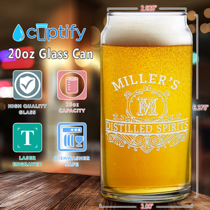 Personalized Distilled Spirits Surname and Initial Etched 20 oz Glass Can