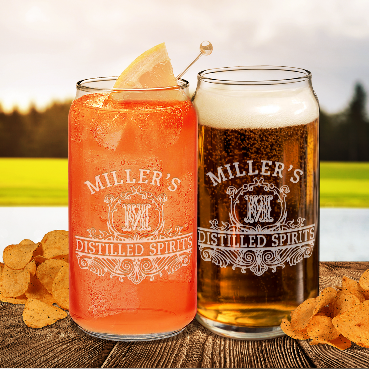 Personalized Distilled Spirits Surname and Initial Etched 20 oz Glass Can