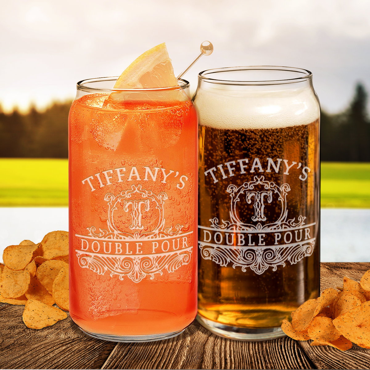 Personalized Double Pour Name and Initial Etched 20 oz Glass Can