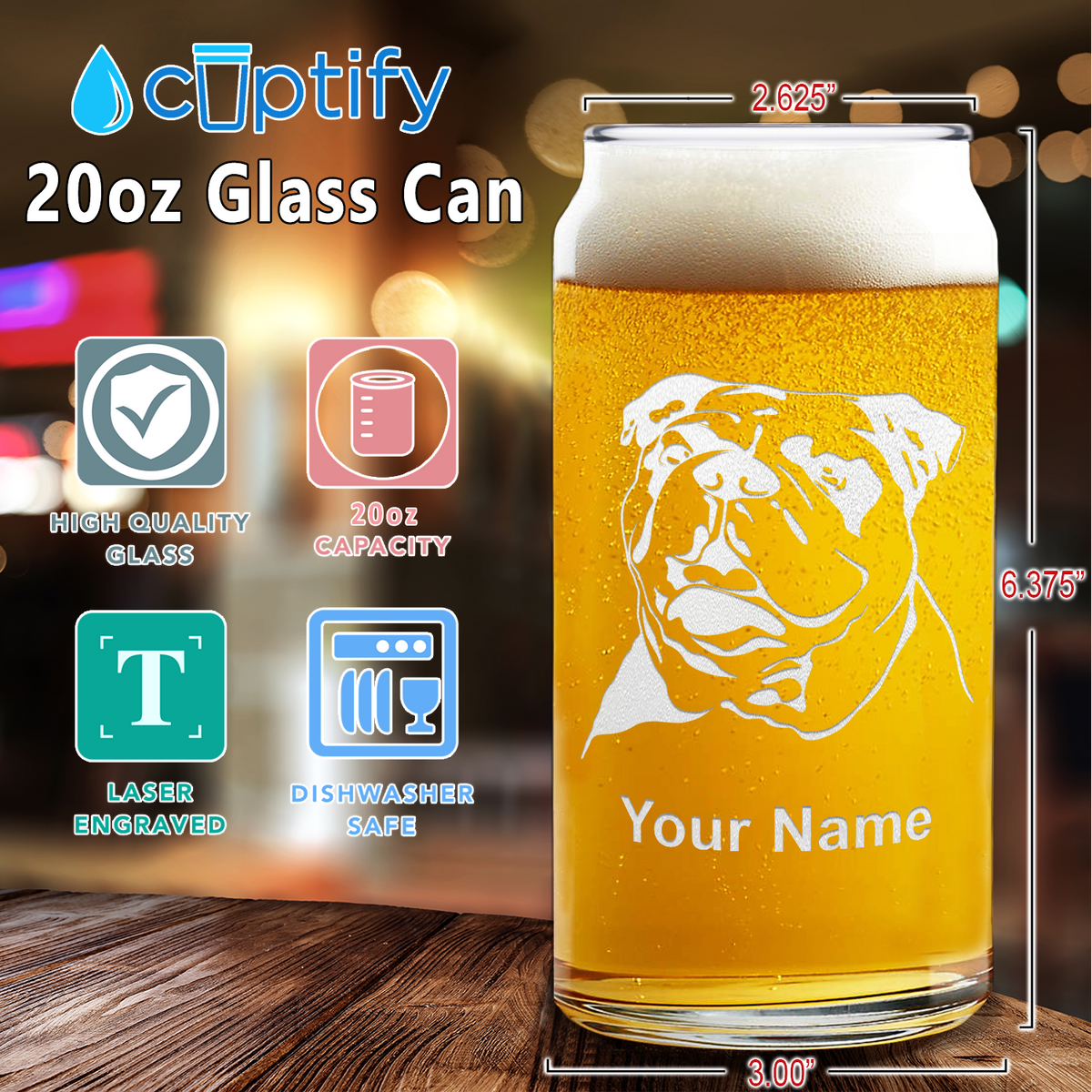 Personalized Bulldog Head Glass