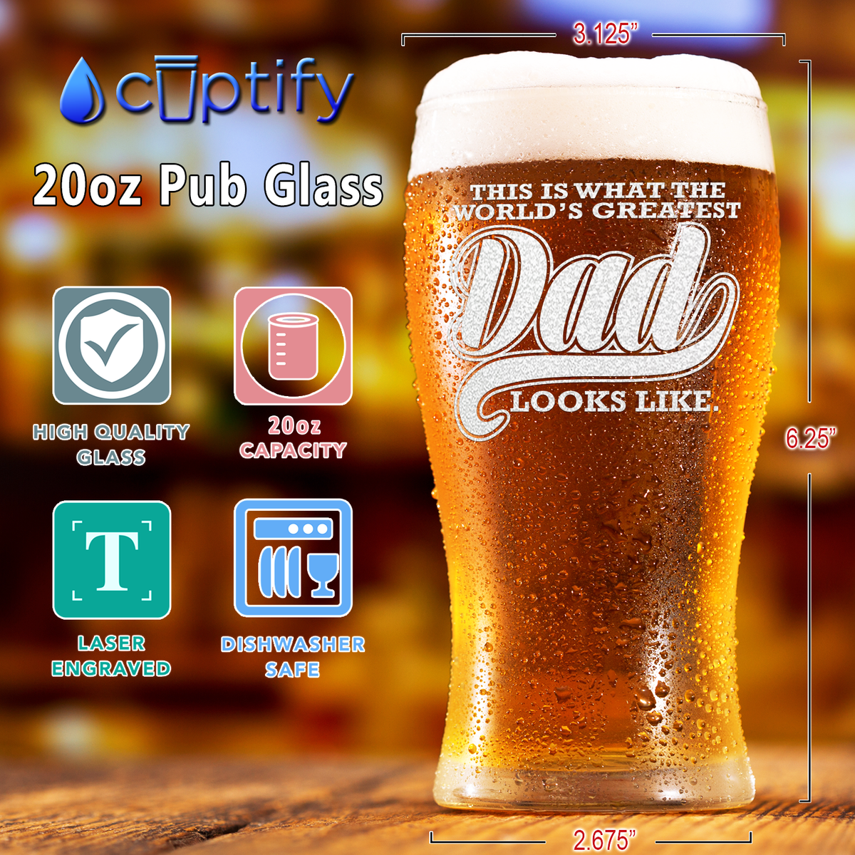 World's Greatest Dad Etched on 20 oz Pub Glass