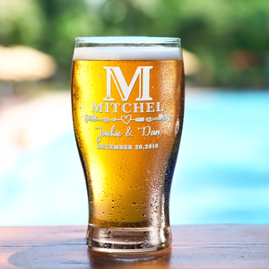 Personalized Monogram Initial and Name with Anniversary Date Etched 20 oz Beer Pub Glass