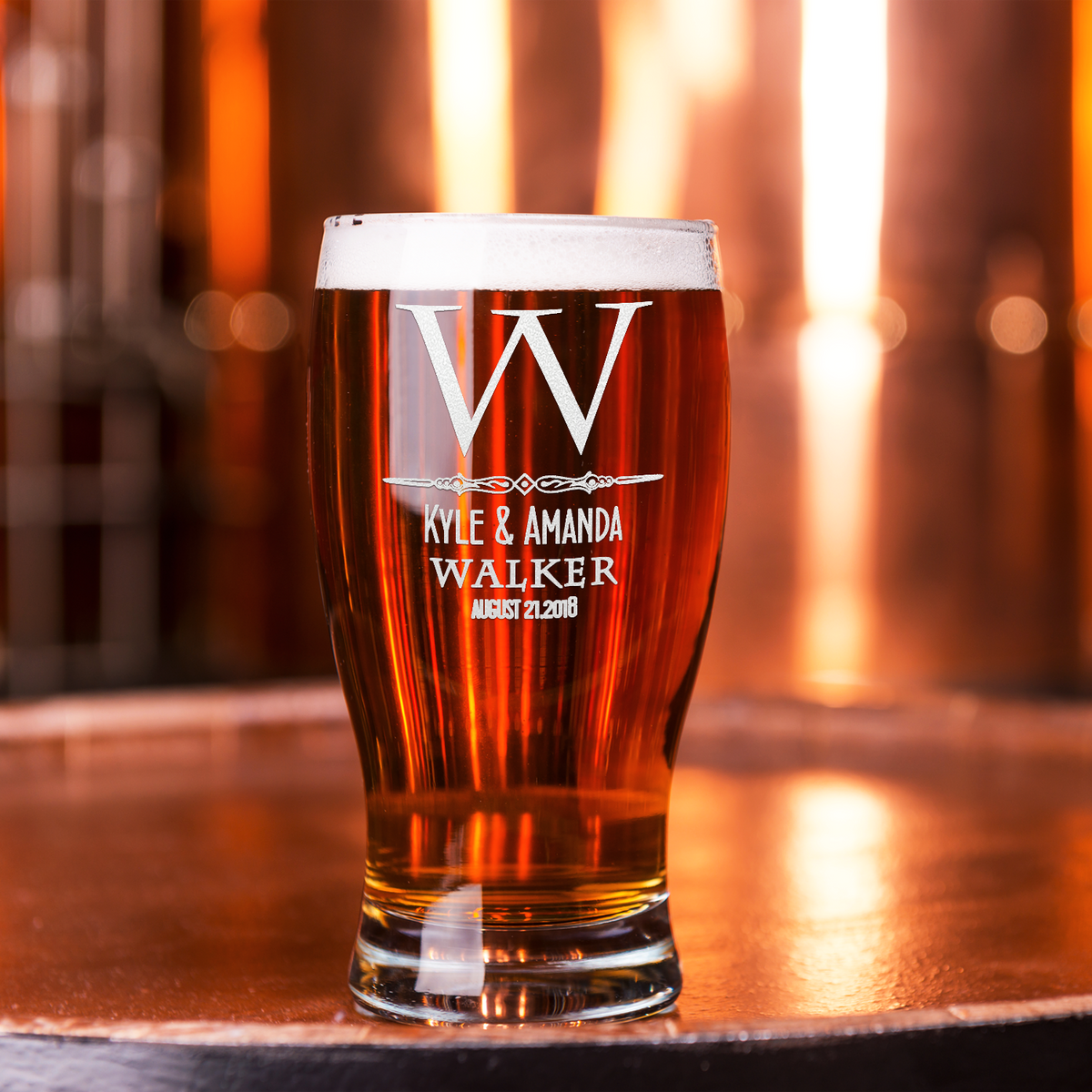 Personalized Classic Monogram Initial and Surname with Anniversary Date Etched 20 oz Beer Pub Glass