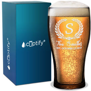 Personalized Crest Monogram Initial and Surname Anniversary Date Etched 20 oz Beer Pub Glass