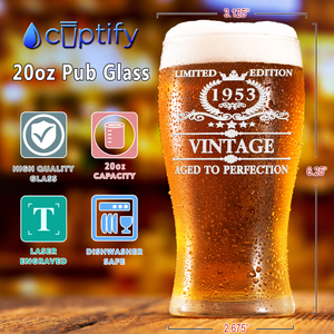 69th Birthday Vintage 69 Years Old Limited Edition 1953 Etched on 20oz Pub Glass