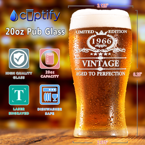 56th Birthday Vintage 56 Years Old Limited Edition 1966 Etched on 20oz Pub Glass