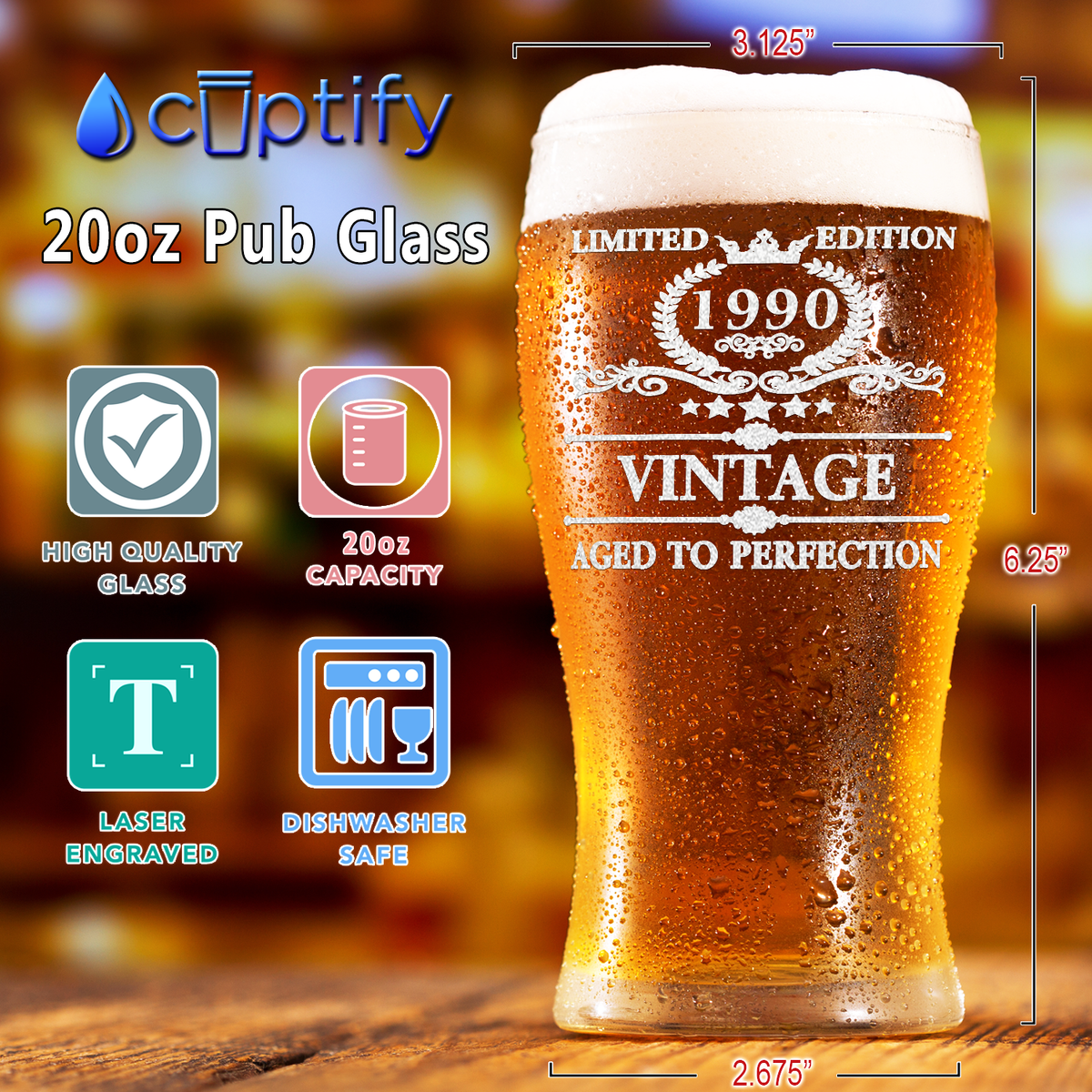 32nd Birthday Vintage 32 Years Old Limited Edition 1990 Etched on 20oz Pub Glass