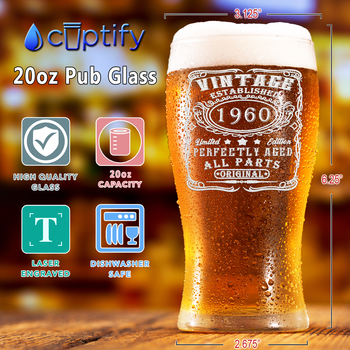 62nd Birthday Vintage 62 Years Old Established 1960 Etched on 20oz Pub Glass