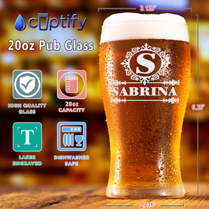 Personalized Ultramodern Monogram Etched 20 oz Beer Pub Glass