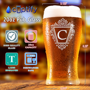 Personalized Classic Crest Monogram Etched 20 oz Beer Pub Glass