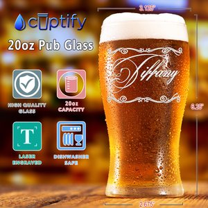 Personalized Scroll Script Etched 20 oz Beer Pub Glass