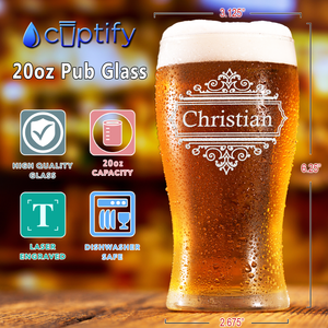 Personalized Crest Border Etched 20 oz Beer Pub Glass