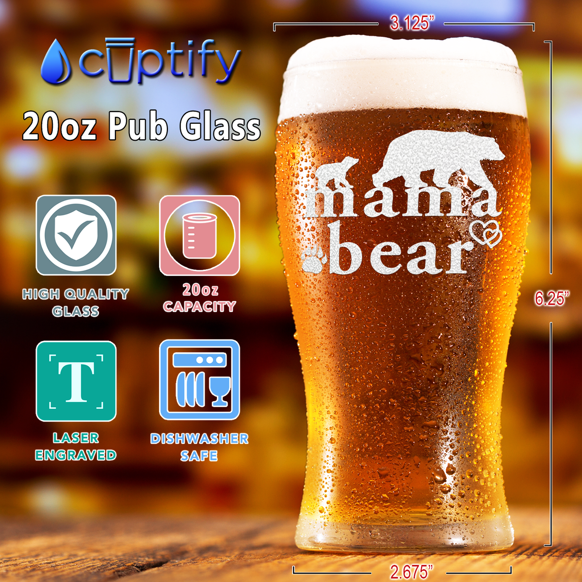 Mama Bear Etched on 20 oz Pub Glass