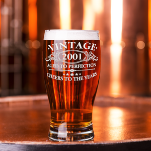 21st Birthday Vintage Aged to Perfection 21 Years Old Cheers to The Years 2001 Etched 20oz Pub Glass