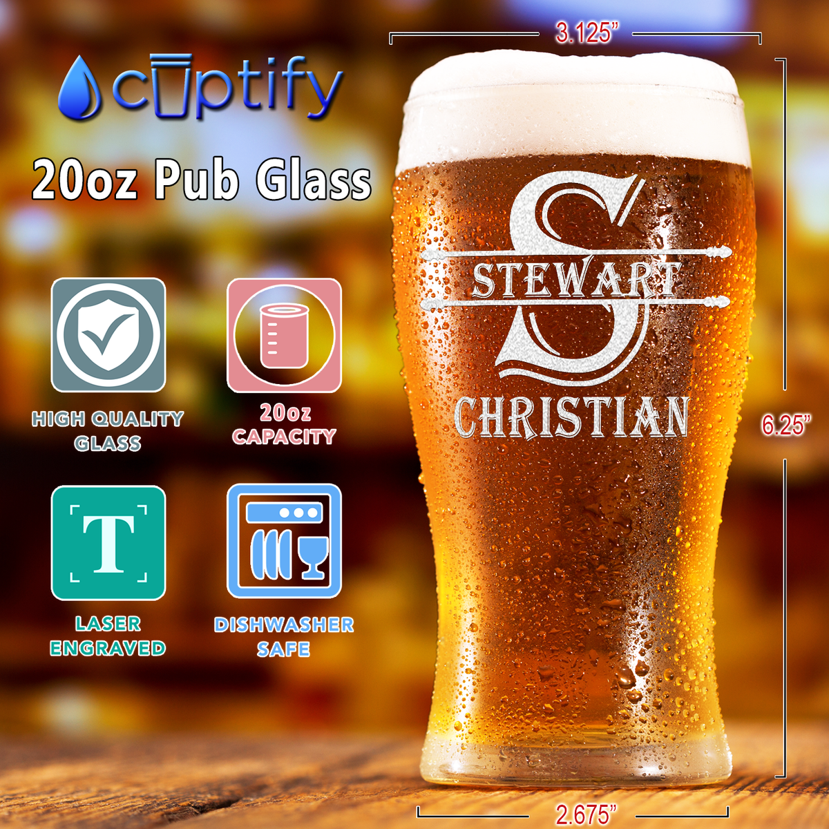 Personalized Initial Block Surname Etched 20 oz Beer Pub Glass