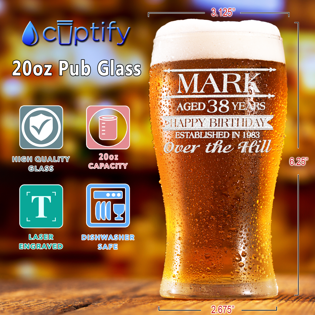 Personalized Name Year and Age Classic Happy Birthday Over The Hill Etched 20 oz Beer Pub Glass