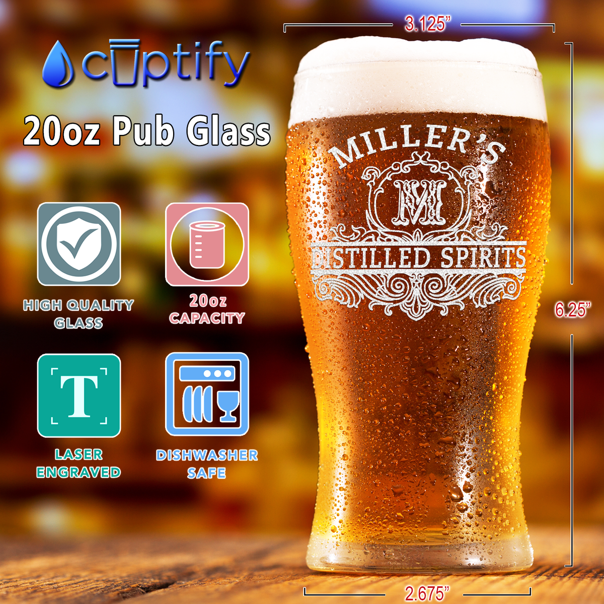 Personalized Distilled Spirits Surname and Initial Etched 20 oz Beer Pub Glass