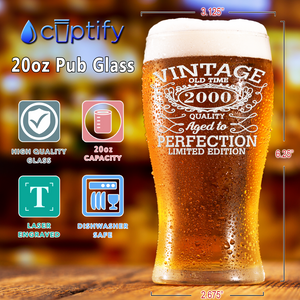 22nd Birthday Vintage 22 Years Old Time 2000 Quality Etched 20oz Pub Glass