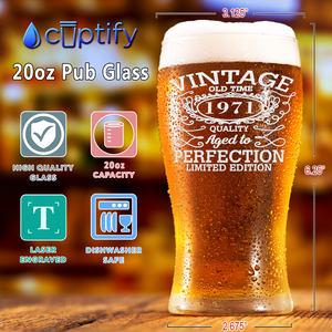 51st Birthday Vintage 51 Years Old Time 1971 Quality Etched 20oz Pub Glass
