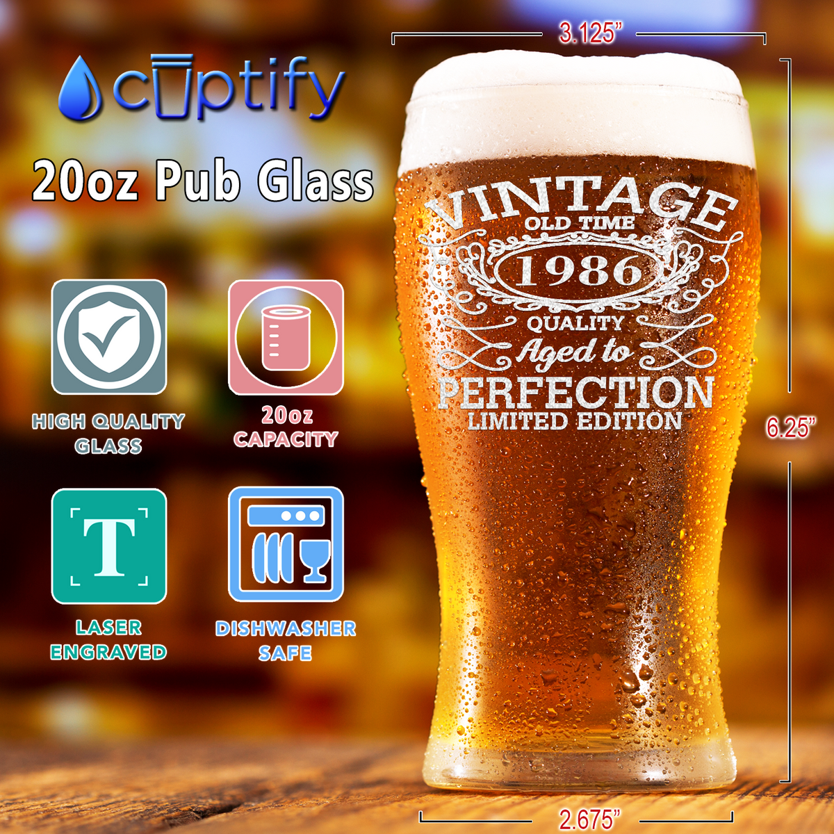 36th Birthday Vintage 36 Years Old Time 1986 Quality Etched 20oz Pub Glass
