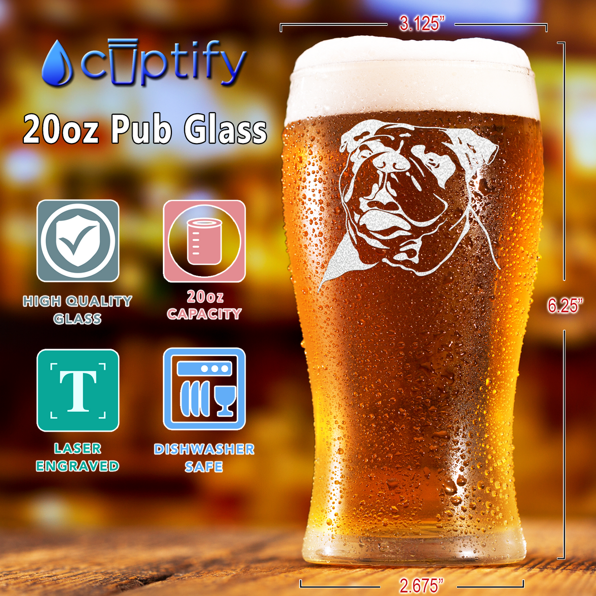 Bulldog Head Etched 20 oz Beer Pub Glass