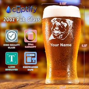 Personalized Bulldog Head Etched 20 oz Beer Pub Glass