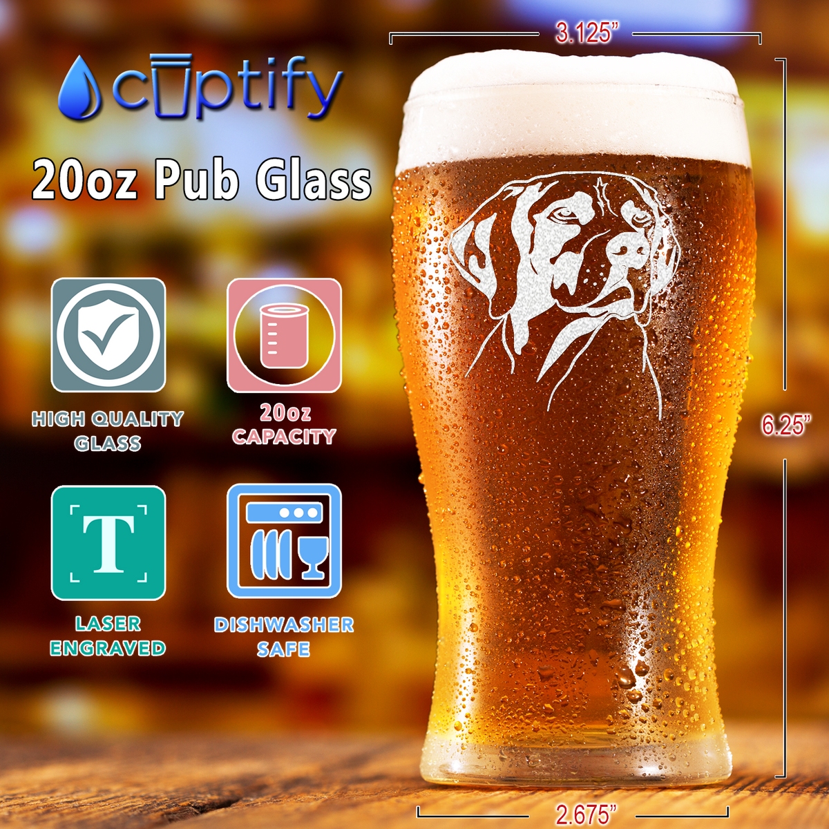 German Shorthaired Pointer Head Etched 20 oz Beer Pub Glass