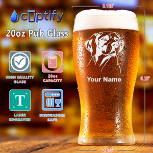 Personalized German Shorthaired Pointer Head Etched 20 oz Beer Pub Glass