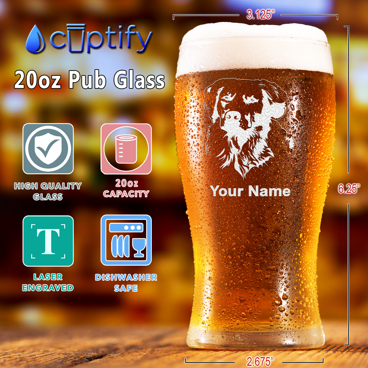 Personalized Golden Retriever Head Etched 20 oz Beer Pub Glass