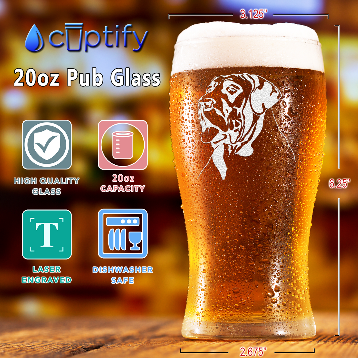 Great Dane Head Etched 20 oz Beer Pub Glass