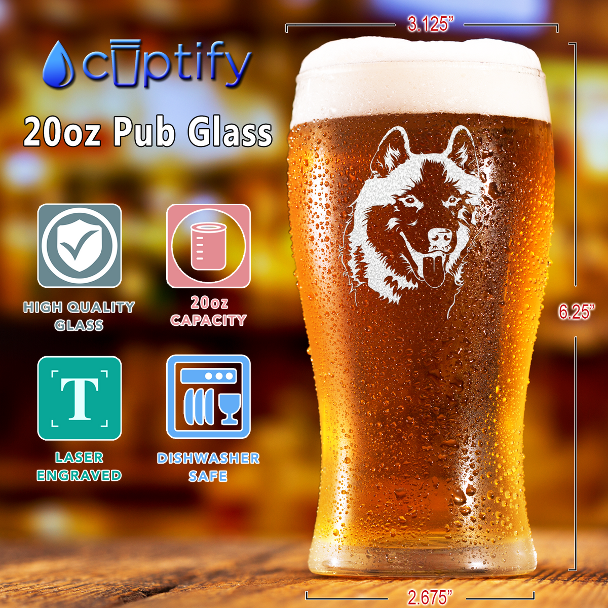 Siberian Huskie Head Etched 20 oz Beer Pub Glass