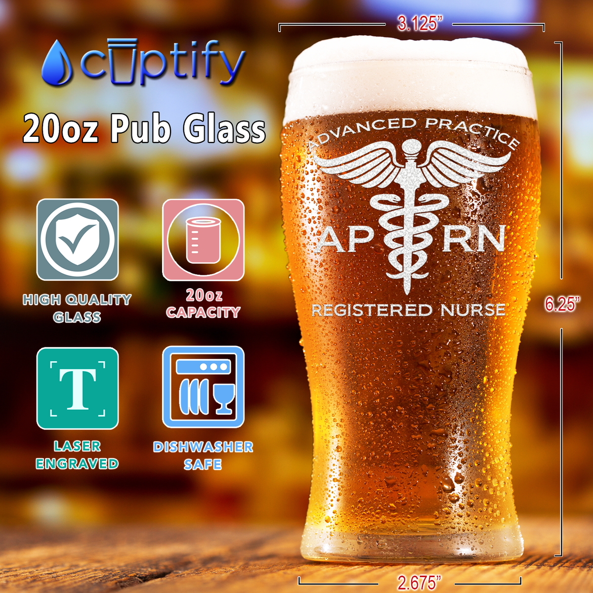 APRN Advanced Practice Registered Nurse Etched 20 oz Beer Pub Glass